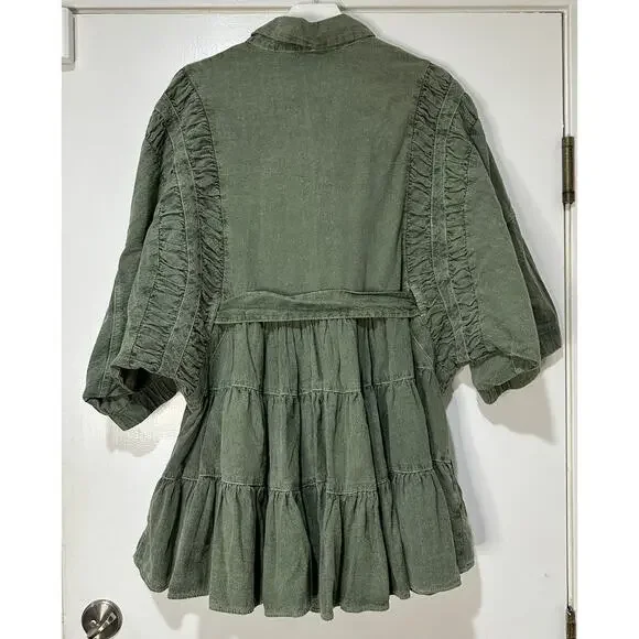 Free People Hampton Belted Mini Dress Crystal Kelp Cotton Size Medium NWOT Chic Mini